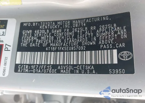 2014 Toyota Camry Se z USA, uszkodzony, nr VIN 4T1BF1FK5EU857092